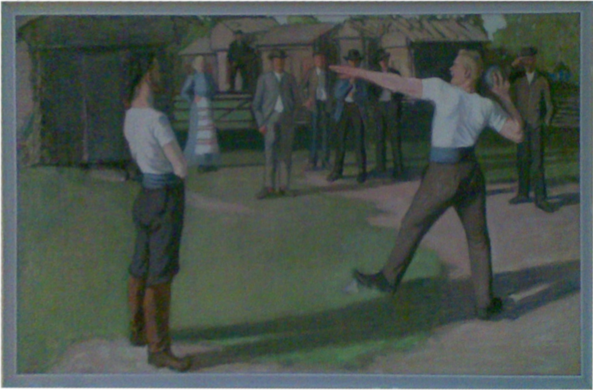 Alvar Cawenin maalaus Kuulantyöntäjät, jossa mies heittää kuulaa ja miehiä on katsomassa